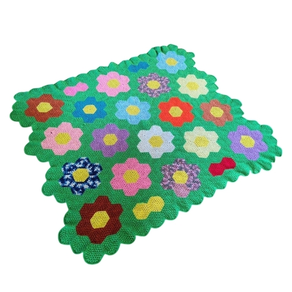 Handmade Granny Hexagon Flower Crochet Blanket Throw Colorful Retro Cottagecore - Picture 1 of 6